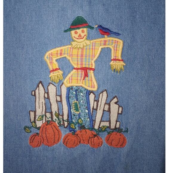 Karen Scott Vintage Denim Dress Scarecrow Embroidered Fall Harvest 100% Cotton S - Picture 5 of 7